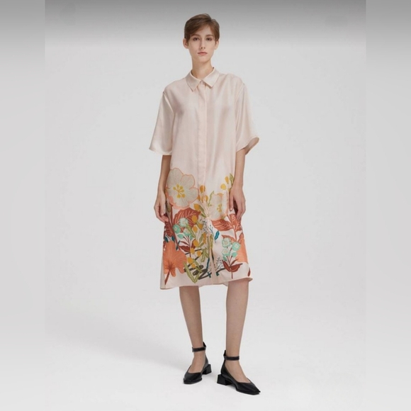 LATTELIER Floral Print Silk Short Sleeve Shirt Dress M - Picture 2 of 11